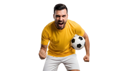 Man in yellow jersey holding soccer ball and celebrating victory in a sports stadium on transparent background