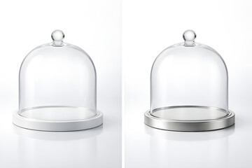 Two Clear Glass Cloches with Decorative Bases, One White and One Silver, Isolated on a White Background