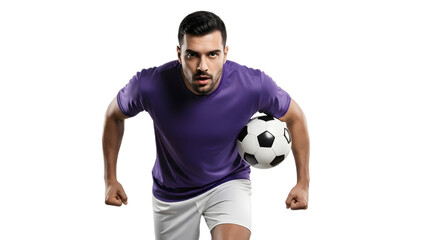 Athletic man running with soccer ball on transparent background