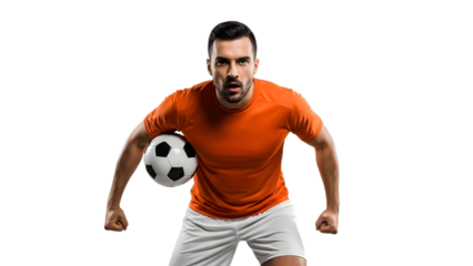 A dynamic male soccer player in action, running with a ball in a studio setting on transparent background