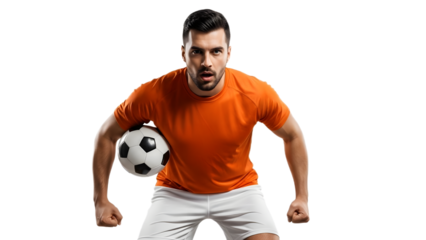 A soccer player in an orange jersey skillfully controls the ball on a white transparent background 