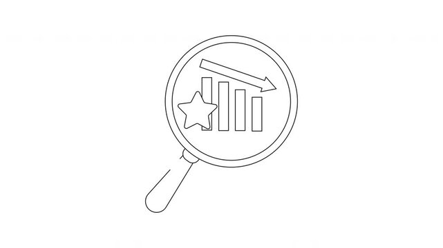 A magnifying glass reveals a descending bar graph a downward arrow and a star