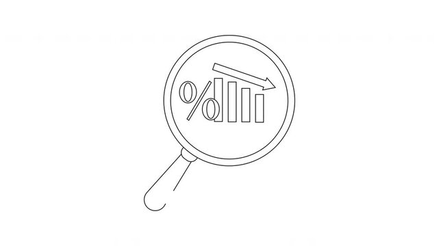 A magnifying glass reveals a percentage sign and a decreasing bar graph with a downward arrow