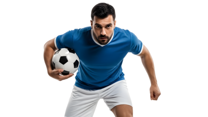 Man in blue shirt running with soccer ball on white background transparent