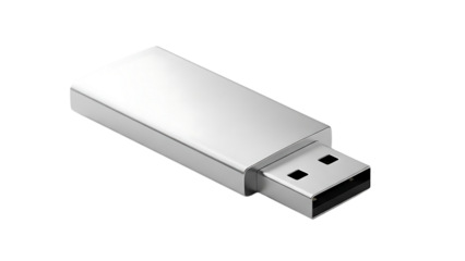 Sleek silver USB flash drive, isolated on transparent background, portable data storage device for transferring and saving digital files.