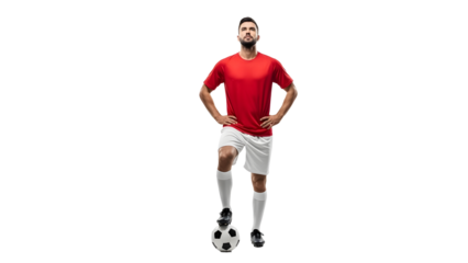 Soccer player in red jersey standing with hands on hips and soccer ball at feet isolated on white background transparent