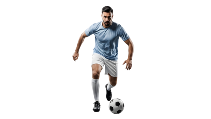 A soccer player in a blue jersey dribbling a ball on a white background on transparent background