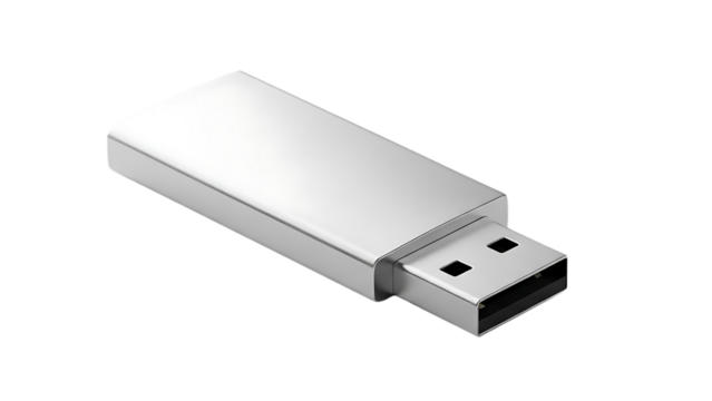 Sleek silver USB flash drive, isolated on transparent background, portable data storage device for transferring and saving digital files. - Powered by Adobe