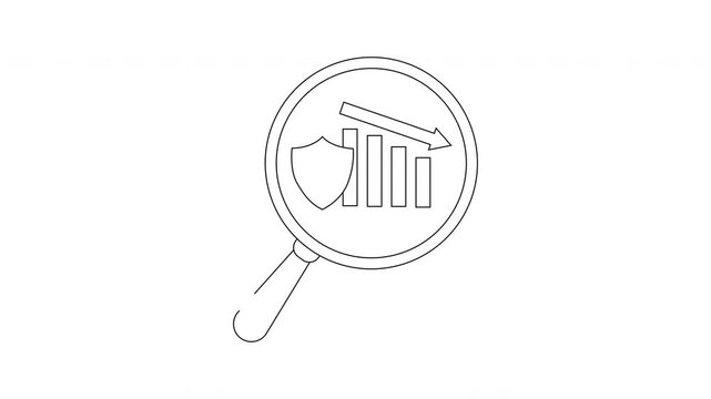 A magnifying glass reveals a shield decreasing bar chart and a downward arrow