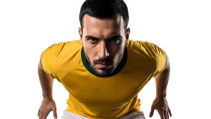 Athlete preparing for intense physical activity in a focused stance wearing a yellow sports jersey on transparent background