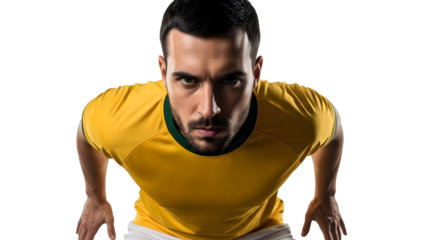 Athlete preparing for intense physical activity in a focused stance wearing a yellow sports jersey on transparent background