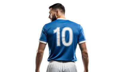 A male soccer player wearing a blue jersey with the number 10 on the back standing against on transparent background