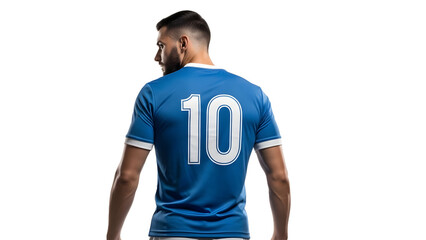 Man wearing blue sports jersey with number ten on back, standing against white background on transparent background