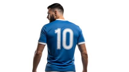 Man wearing blue sports jersey with number ten on back, standing against white background on transparent background