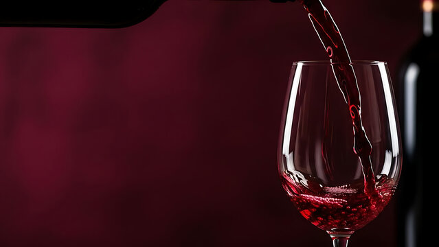 Red wine being poured from a dark bottle into a clear glass against a deep red background.