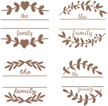 Split family name monogram svg, personalized name, decorative leaves and vines, family calligraphy, leafy border, elegant wreath, flourish frame, branch