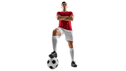 Man standing confidently with one leg on a soccer ball on transparent background