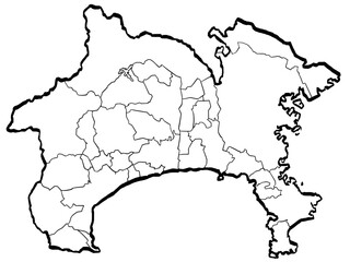 神奈川県地図 筆タッチ 市町村区分 和風 関東 東日本 / A brushstroke map of Kanagawa Prefecture 2