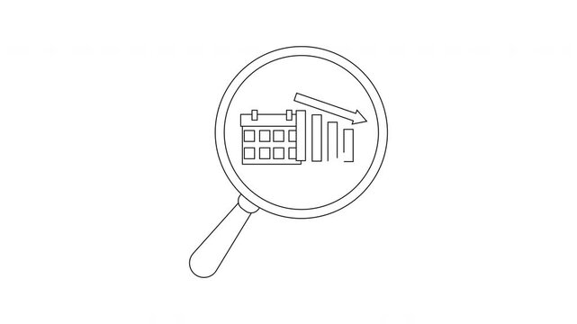 A magnifying glass shows a calendar a bar graph with a downward arrow and black outlines