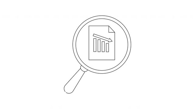 A magnifying glass shows a document with a declining bar graph and a downward arrow