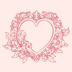 Victorian Heart frame decorated with flowers floral, Whimsical drawing valentine vintage heart frames, Romantic element for invitations, greeting cards, scrapbooking, decorative etc.	