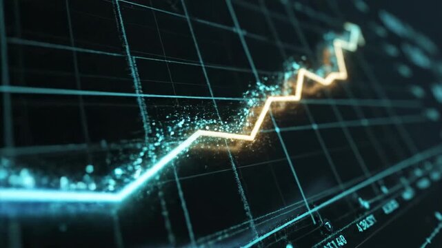 Smooth slow motion tracing of an upward trending line graph highlighting sequential data progression and rapid optimization on a dark interface finance, growth, technology
