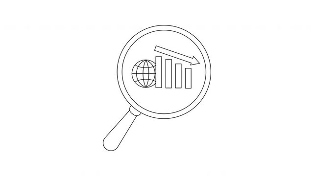 A magnifying glass shows a globe a bar graph declining and an arrow pointing down