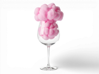 A wine glass filled with pink cotton candy on transparent background