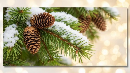 Christmas snowy winter holiday celebration greeting card - Closeup of pine branch with pine cones and snow, defocused blurred background