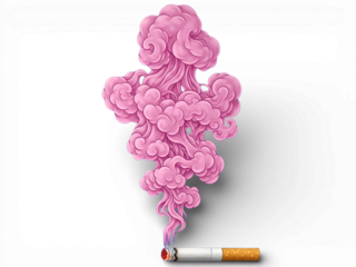 A pink smoke cloud rising from a lit cigarette on transparent background