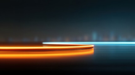 Abstract glowing lines at the edge of a serene water surface reflecting a vibrant city skyline in the background at night under a starry sky