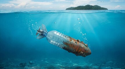 Plastic bottle shaped like torpedo underwater ocean pollution concept
