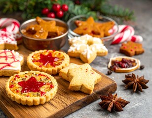 Festive cookies and treats displayed on a wooden board with decorations