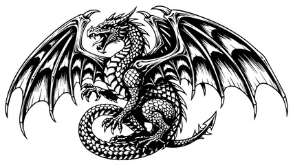 A powerful black tribal dragon tattoo vector illustration features a fantasy monster head silhouette in a vintage Chinese art style, symbolizing Asian fire and power as a decorative logo sign © Siti