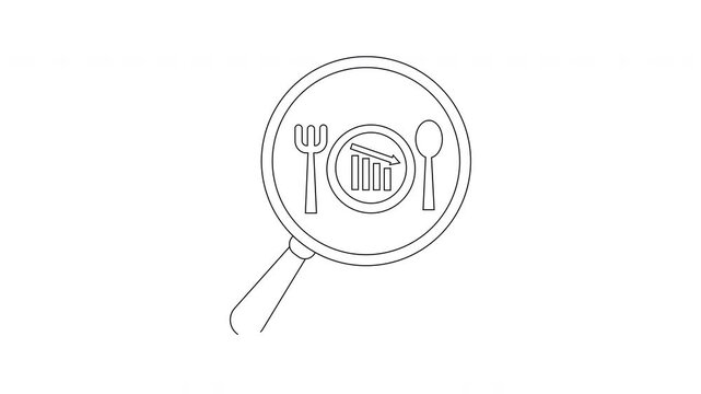Line art of a magnifying glass focusing on a plate with a fork spoon and decreasing bar graph inside