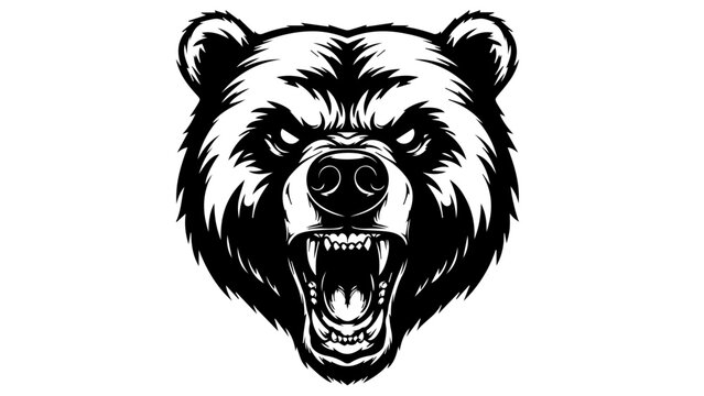 Vector illustration of a grizzly bear head mascot featuring an angry wild predator silhouette for a black wildlife tattoo icon