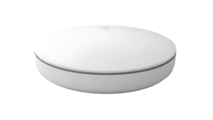 Modern, minimalist white smart home device or router with a subtle power button icon on top, sleek and rounded design, isolated on transparent background.