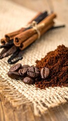 Coffee beans, ground coffee, cinnamon sticks, and vanilla beans on burlap