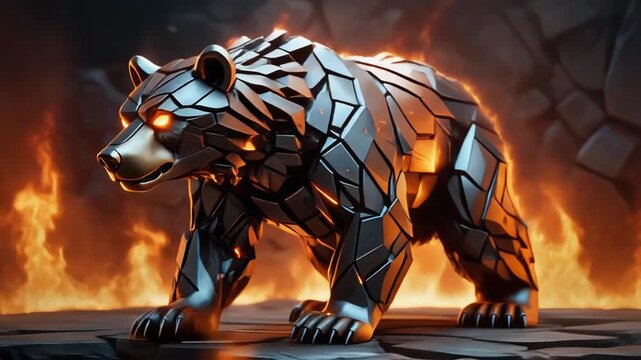 &ldquo;Robotic bear made of metallic angular plates with glowing orange eyes and fiery background dramatic futuristic scene&rdquo;
