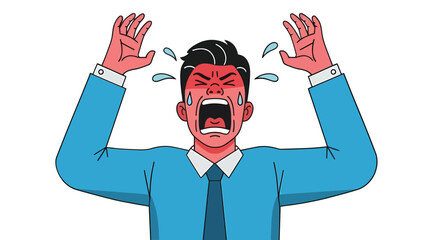 Angry cartoon man screaming in blue suit.