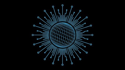 A digital illustration of a glowing ring surrounding a wireframe sphere on a black background