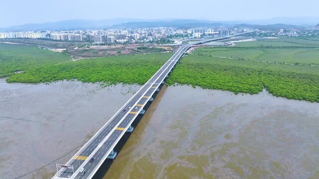 Aerial view of Mumbai's Eastern Freeway and Atal Setu Bridge 