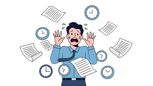 Stressed Businessman Surrounded By Clocks And Papers.