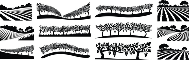 Vineyard and farmland landscape silhouette set featuring grapevines, orchards and cultivated fields in black vector style for agriculture and rural design projects © Julfikar