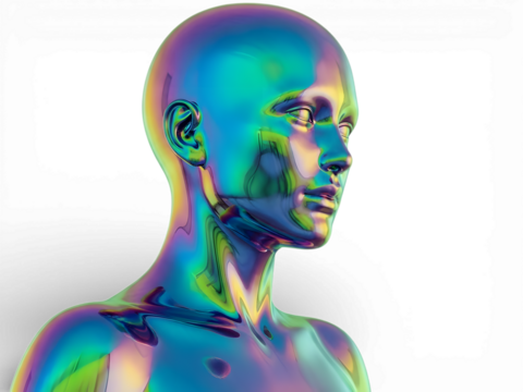 A vibrant, holographic man with a bald head and colorful skin on transparent background - Powered by Adobe