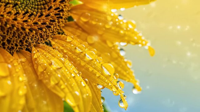 Close-up of a vibrant sunflower with water droplets glistening in the sun.
