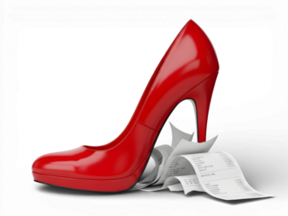 A red high heel shoe stepping on a pile of receipts on transparent background