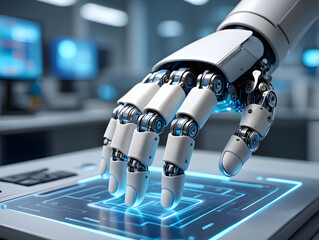 Future of Interaction White Robotic Hand Engages with a Bright Digital Interface, Highlighting Artificial Intelligence, Automation, and Technological Progress