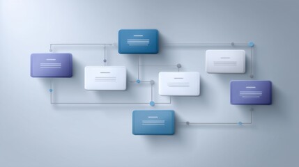 Abstract connection lines and data blocks in shades of blue and white illustrating a network or flowchart for digital communication and information exchange