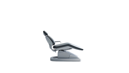 Modern, sleek, side view of a medical chair against a stark black backdrop